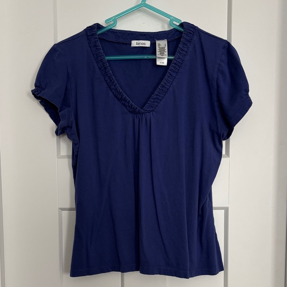 liz & co. Women's Blue V-Neck Short Sleeve Top